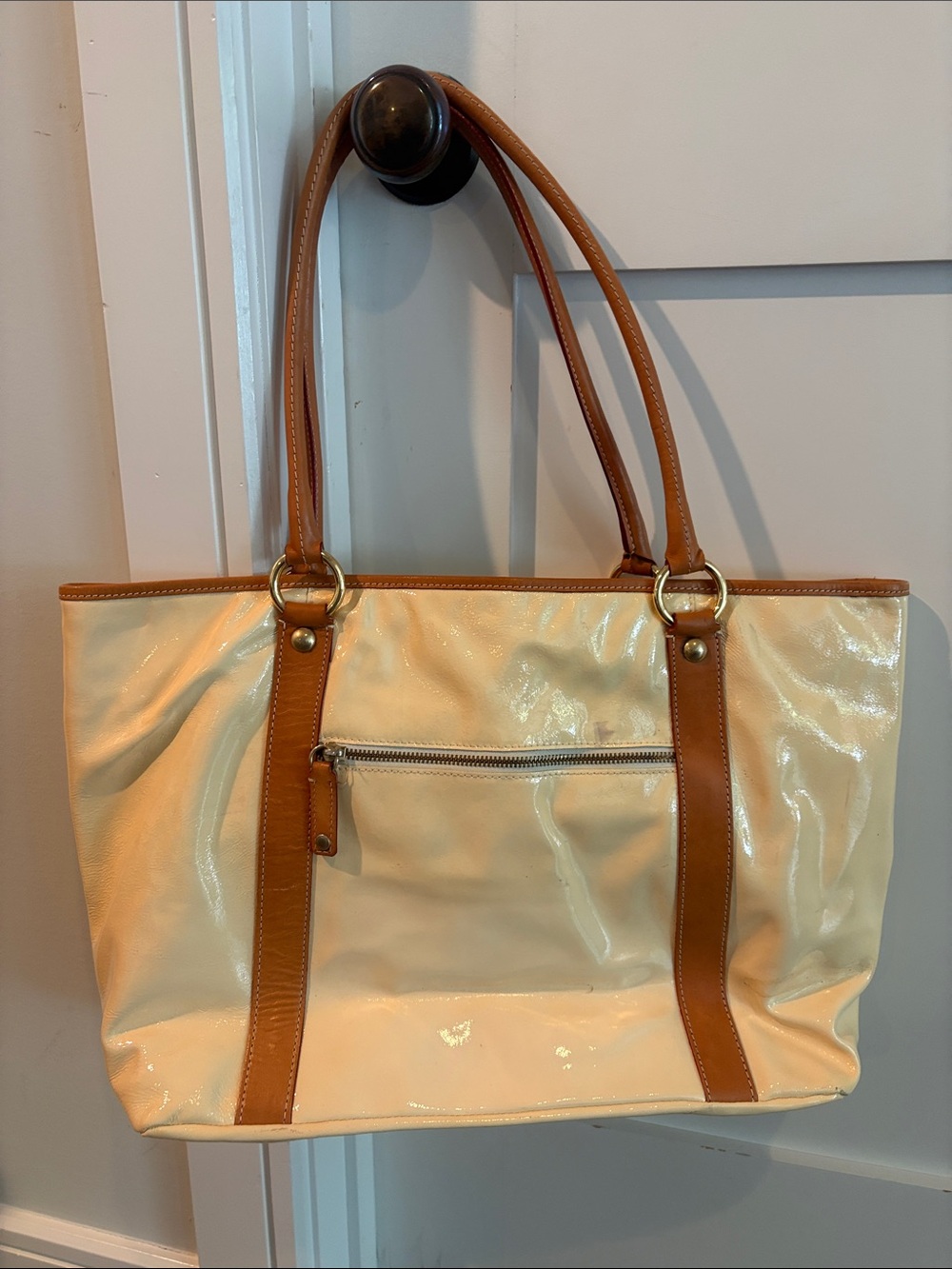 Cavalcanti Leather Cream and Tan Women's Patent Large Tote Bag